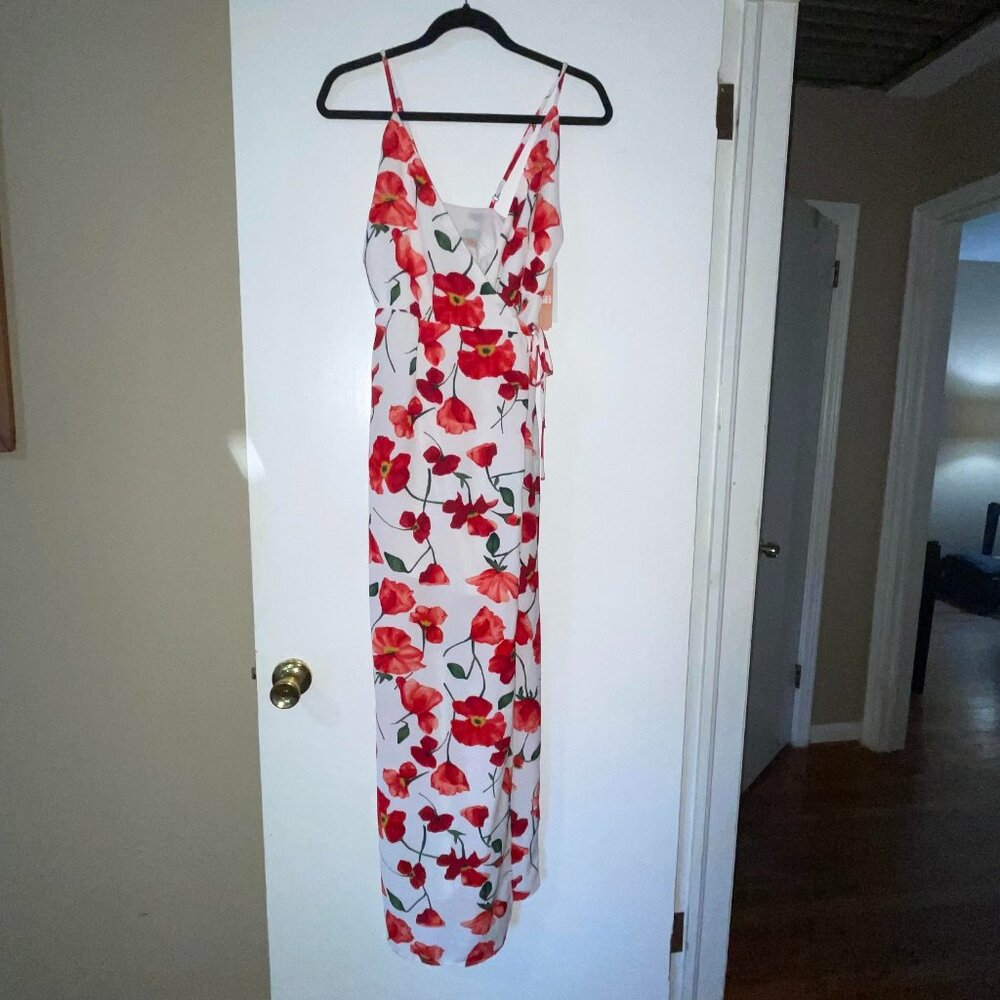 GB‎ Gianni Bini Spaghetti Strap White Red Floral Wrap Maxi Dress Size XS